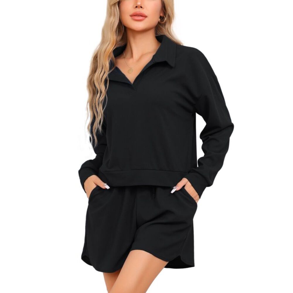 Waffle Knit Top and Shorts Long Sleeve Pajama Set with Pockets Black